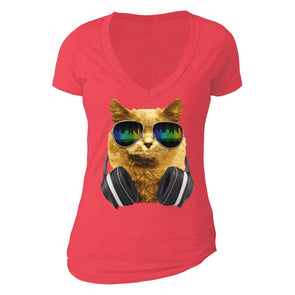 XtraFly Apparel Women's Cat DJ Headphones Animal Lover V-neck Short Sleeve T-shirt