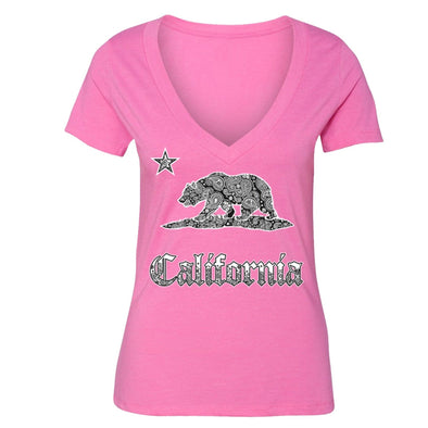 XtraFly Apparel Women's Paisley Bear CA California Pride V-neck Short Sleeve T-shirt