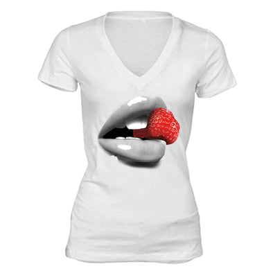 XtraFly Apparel Women's Strawberry Lips Novelty Gag V-neck Short Sleeve T-shirt