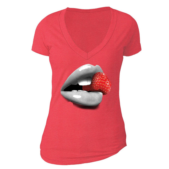 XtraFly Apparel Women's Strawberry Lips Novelty Gag V-neck Short Sleeve T-shirt