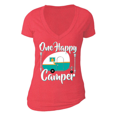 XtraFly Apparel Women's Happy Camper RV Camping Novelty Gag V-neck Short Sleeve T-shirt