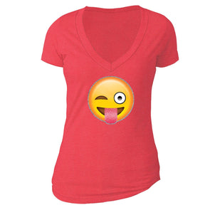 XtraFly Apparel Women's Emoji Wink Tongue Novelty Gag V-neck Short Sleeve T-shirt