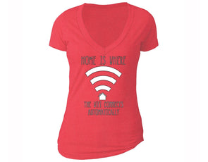 XtraFly Apparel Women's Home is Where the WIFI Novelty Gag V-neck Short Sleeve T-shirt