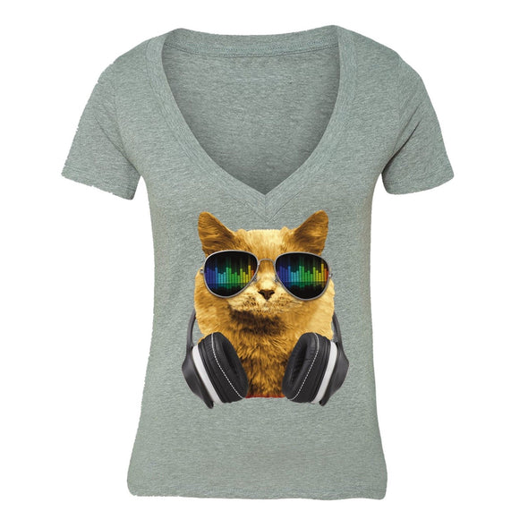 XtraFly Apparel Women's Cat DJ Headphones Animal Lover V-neck Short Sleeve T-shirt