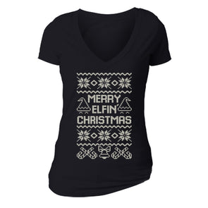 XtraFly Apparel Women's Merry Elfin Xmas Elf Ugly Christmas V-neck Short Sleeve T-shirt