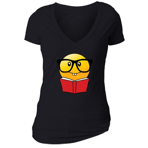 XtraFly Apparel Women's Emoji Nerd Bookworm Novelty Gag V-neck Short Sleeve T-shirt