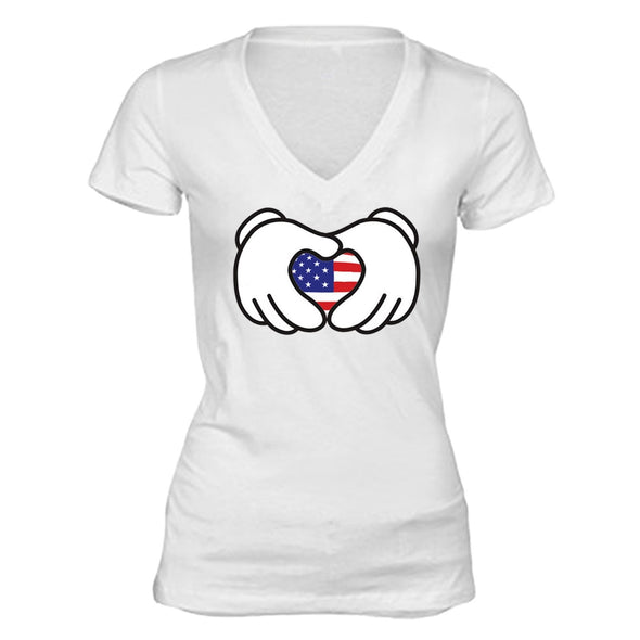 XtraFly Apparel Women's Hands Heart Flag American Pride V-neck Short Sleeve T-shirt