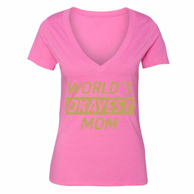 XtraFly Apparel Women's World's Okayest Mom Mother's Day V-neck Short Sleeve T-shirt