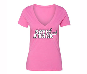 XtraFly Apparel Women's Save A Rack Antlers Breast Cancer Ribbon V-neck Short Sleeve T-shirt