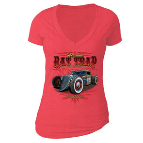 XtraFly Apparel Women's Genuine Rat Trap American Car Truck Garage V-neck Short Sleeve T-shirt