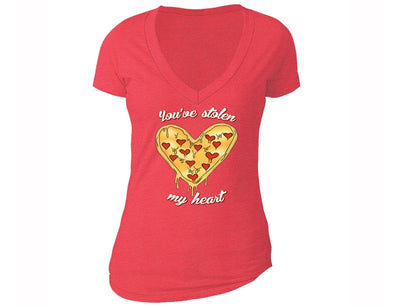 XtraFly Apparel Women's You've Stolen My Heart Pizza Novelty Gag V-neck Short Sleeve T-shirt