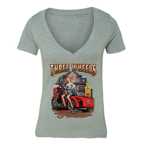 XtraFly Apparel Women's Three Wheels Car Truck Garage V-neck Short Sleeve T-shirt