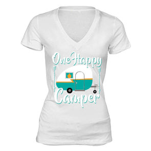 XtraFly Apparel Women's Happy Camper RV Camping Novelty Gag V-neck Short Sleeve T-shirt