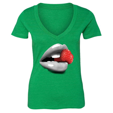 XtraFly Apparel Women's Strawberry Lips Novelty Gag V-neck Short Sleeve T-shirt