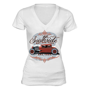 XtraFly Apparel Women's South Side Hot Rod Car Truck Garage V-neck Short Sleeve T-shirt