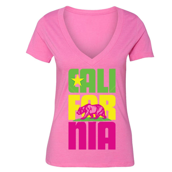 XtraFly Apparel Women's Stacked Cali Neon Bear California Pride V-neck Short Sleeve T-shirt