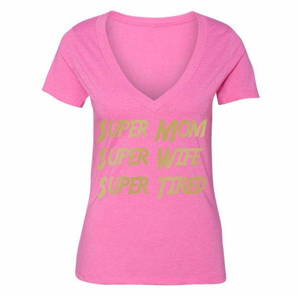 XtraFly Apparel Women's Super Mom Wife Tired Mother's Day V-neck Short Sleeve T-shirt