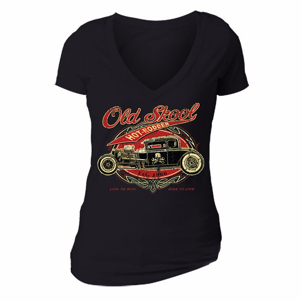 XtraFly Apparel Women's Old Skool Hot Rodder Car Truck Garage V-neck Short Sleeve T-shirt