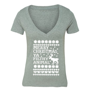 XtraFly Apparel Women's Ya Filthy Animal Ugly Christmas V-neck Short Sleeve T-shirt