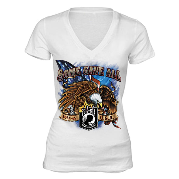 XtraFly Apparel Women's Some Gave All Eagle Military Pow Mia V-neck Short Sleeve T-shirt