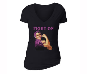 XtraFly Apparel Women's Rosie Riveter Fight Breast Cancer Ribbon V-neck Short Sleeve T-shirt