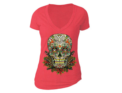 XtraFly Apparel Women's Sugar Skull Tree Ugly Christmas V-neck Short Sleeve T-shirt