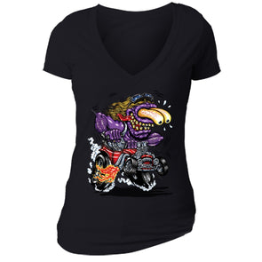 XtraFly Apparel Women's Purple Monster Hot Rod Car Truck Garage V-neck Short Sleeve T-shirt