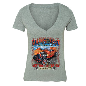 XtraFly Apparel Women's Main Street Route 66 Car Truck Garage V-neck Short Sleeve T-shirt