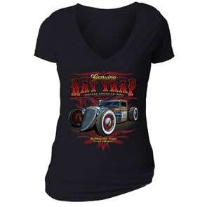 XtraFly Apparel Women's Genuine Rat Trap American Car Truck Garage V-neck Short Sleeve T-shirt