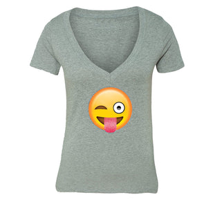 XtraFly Apparel Women's Emoji Wink Tongue Novelty Gag V-neck Short Sleeve T-shirt