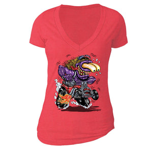 XtraFly Apparel Women's Purple Monster Hot Rod Car Truck Garage V-neck Short Sleeve T-shirt