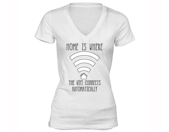 XtraFly Apparel Women's Home is Where the WIFI Novelty Gag V-neck Short Sleeve T-shirt