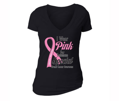 XtraFly Apparel Women's Real Men Wear Pink Breast Cancer Ribbon V-neck Short Sleeve T-shirt