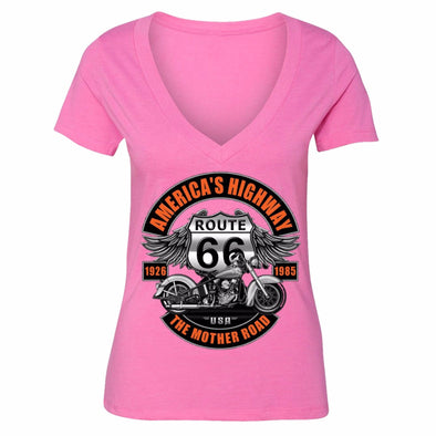 XtraFly Apparel Women's Route 66 America's Highway Biker Motorcycle V-neck Short Sleeve T-shirt