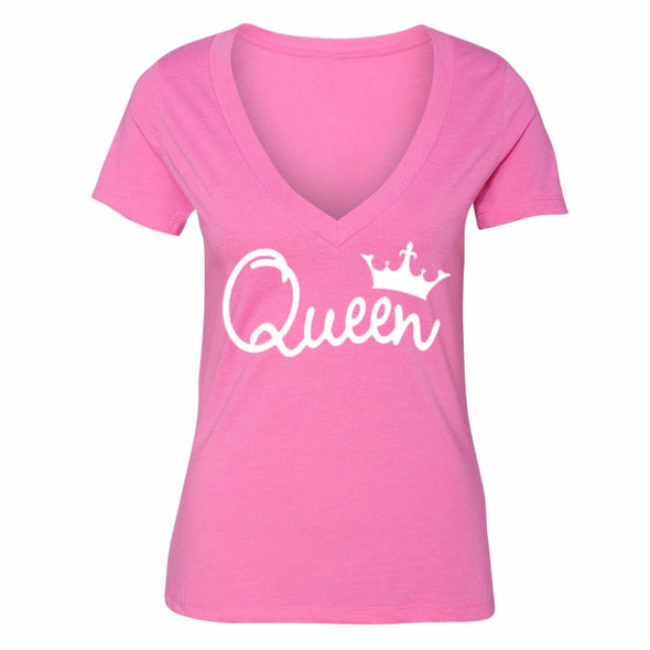 XtraFly Apparel Women's Queen White Crown Matching Couples V-neck Short Sleeve T-shirt