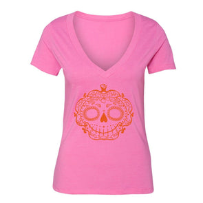 XtraFly Apparel Women's Spooky Sugarskull Halloween Pumpkin V-neck Short Sleeve T-shirt