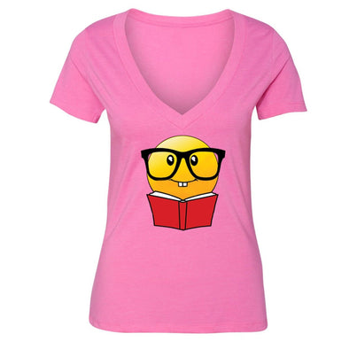 XtraFly Apparel Women's Emoji Nerd Bookworm Novelty Gag V-neck Short Sleeve T-shirt