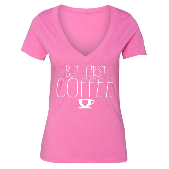 XtraFly Apparel Women's But First Coffee Novelty Gag V-neck Short Sleeve T-shirt