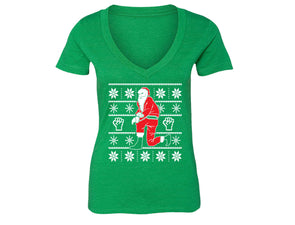 XtraFly Apparel Women's Kneeling Santa Ugly Christmas V-neck Short Sleeve T-shirt