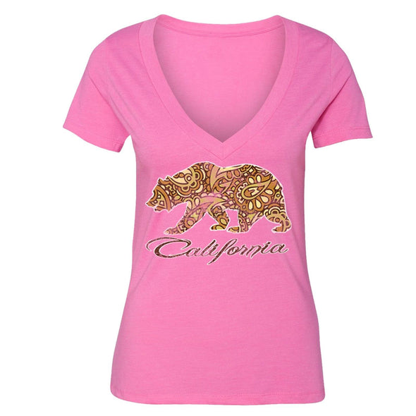 XtraFly Apparel Women's Paisley Brown Bear CA California Pride V-neck Short Sleeve T-shirt