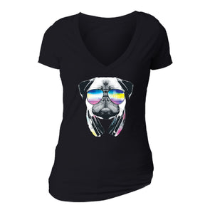 XtraFly Apparel Women's Pug Dog DJ Novelty Gag V-neck Short Sleeve T-shirt