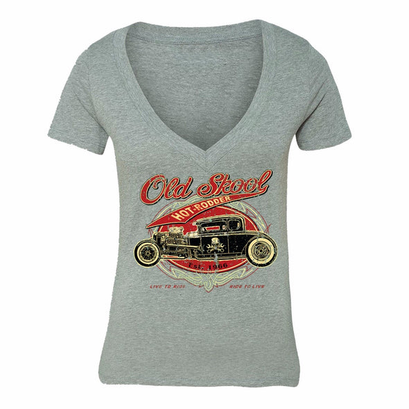 XtraFly Apparel Women's Old Skool Hot Rodder Car Truck Garage V-neck Short Sleeve T-shirt