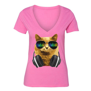 XtraFly Apparel Women's Cat DJ Headphones Animal Lover V-neck Short Sleeve T-shirt