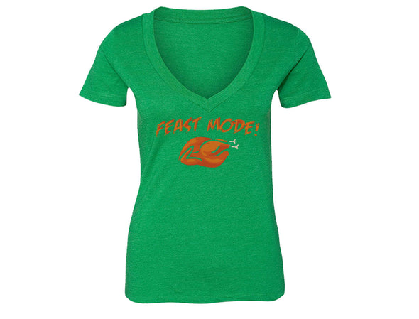 XtraFly Apparel Women's Feast Mode Turkey Gobble Thanksgiving V-neck Short Sleeve T-shirt