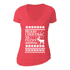 XtraFly Apparel Women's Ya Filthy Animal Ugly Christmas V-neck Short Sleeve T-shirt