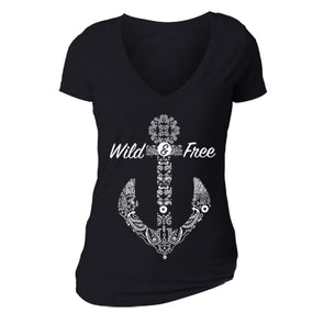 XtraFly Apparel Women's Wild Free Vacation Anchor Novelty Gag V-neck Short Sleeve T-shirt