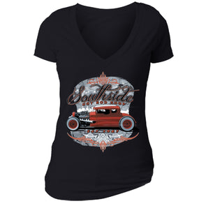 XtraFly Apparel Women's South Side Hot Rod Car Truck Garage V-neck Short Sleeve T-shirt