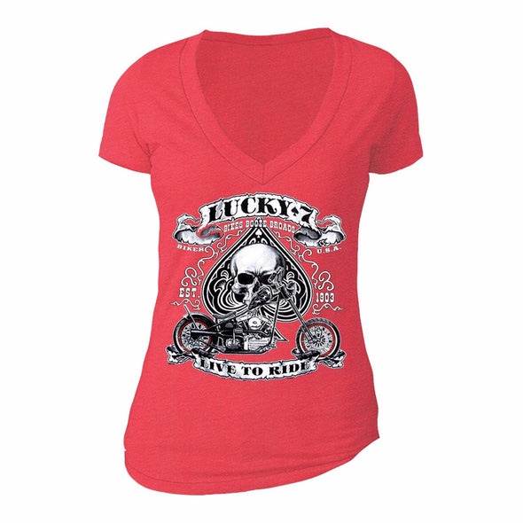 XtraFly Apparel Women's Lucky 7 Skull Live to Ride Biker Motorcycle V-neck Short Sleeve T-shirt