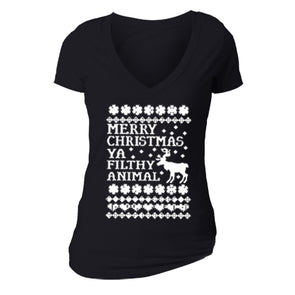 XtraFly Apparel Women's Ya Filthy Animal Ugly Christmas V-neck Short Sleeve T-shirt