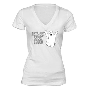 XtraFly Apparel Women's Let's Get Sheet Faced Halloween Pumpkin V-neck Short Sleeve T-shirt